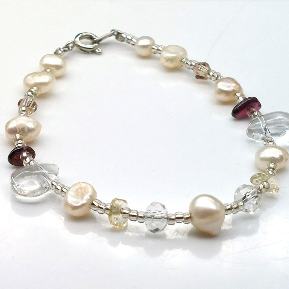 Genuine Pearl & Rock Crystal Beaded Bracelet With Amethyst Chips & Sterling Silv